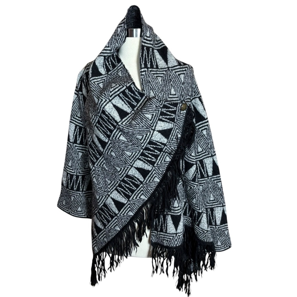 Heather B Wool Acrylic Fringe Knit Southwestern Long Sleeve Cowl Wrap Sweater 2X